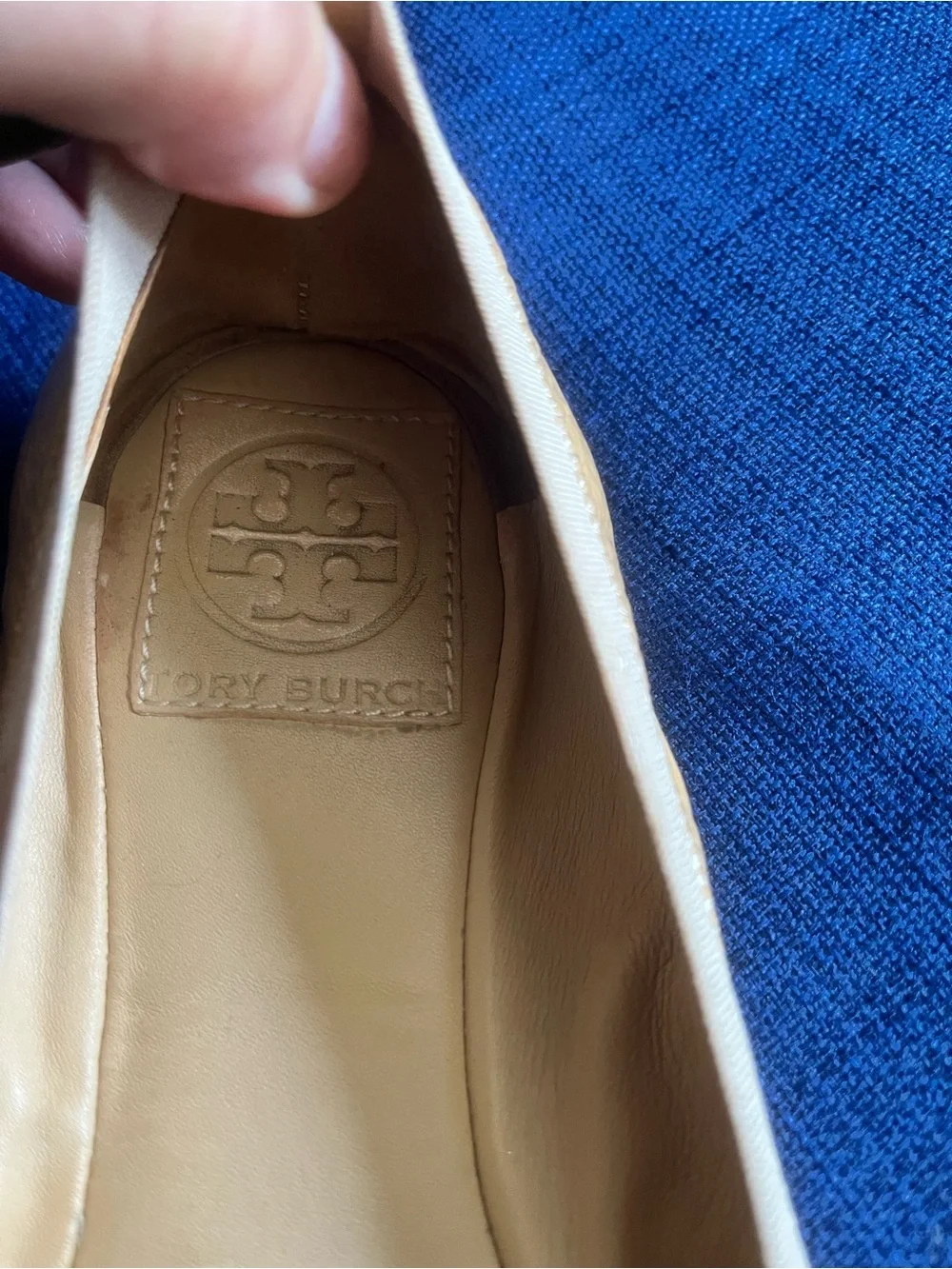 Tory Burch Two-Tone Beige Patent Leather Logo Ballet Flats